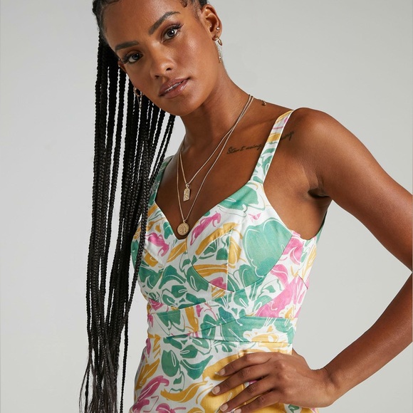 Showpo Argel Dress Electric Floral Pastel Denim Jeans Bodycon Sheath Biker 10 - Picture 4 of 12